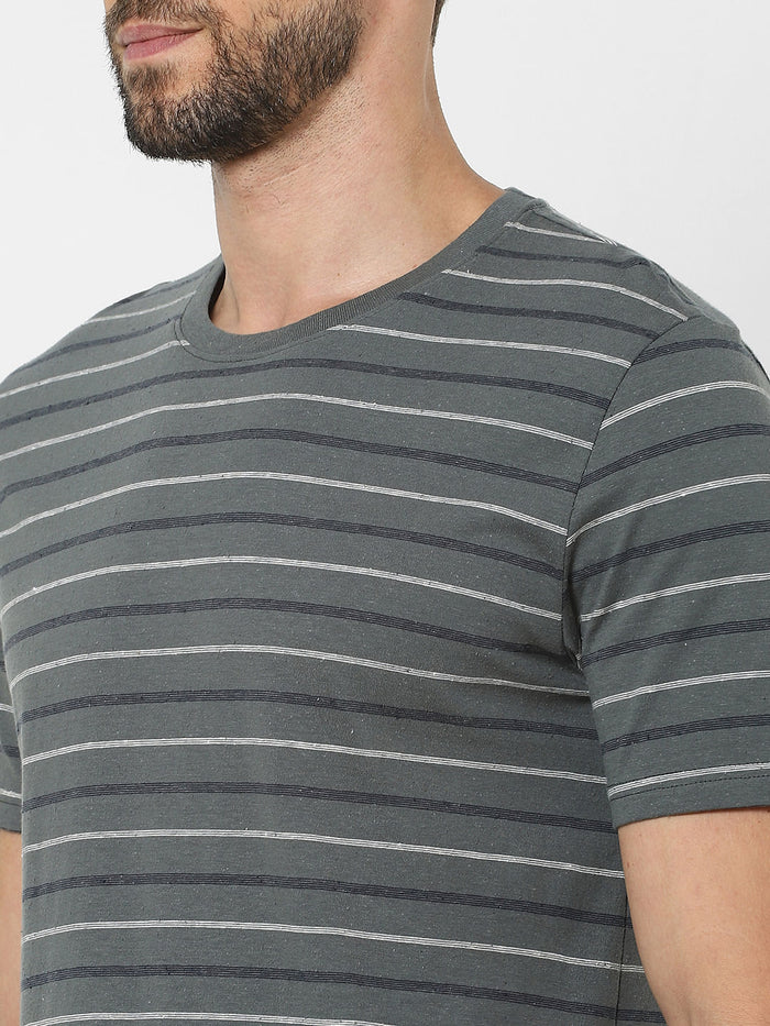 Grey Striped Organic Cotton Crew Neck T-Shirt