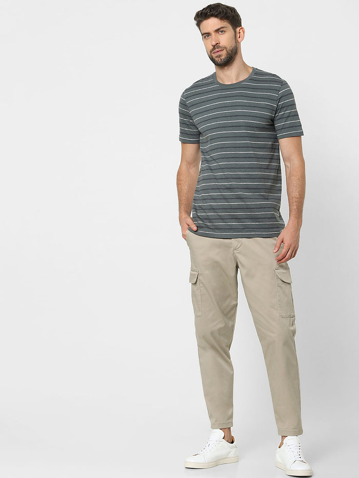 Grey Striped Organic Cotton Crew Neck T-Shirt