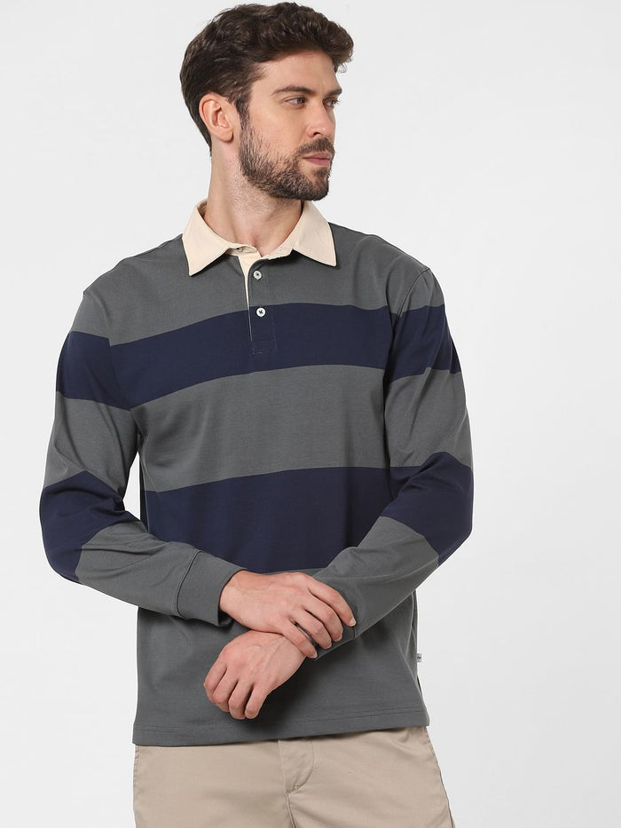 Grey Striped Polo Neck T-Shirt