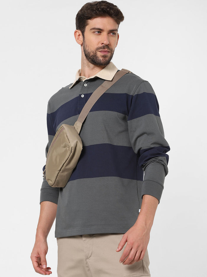 Grey Striped Polo Neck T-Shirt