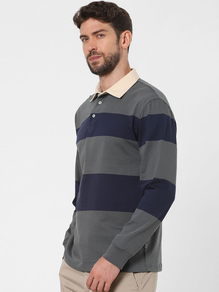 Grey Striped Polo Neck T-Shirt