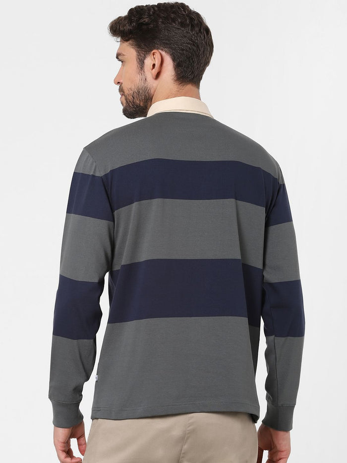 Grey Striped Polo Neck T-Shirt