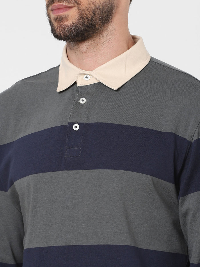 Grey Striped Polo Neck T-Shirt