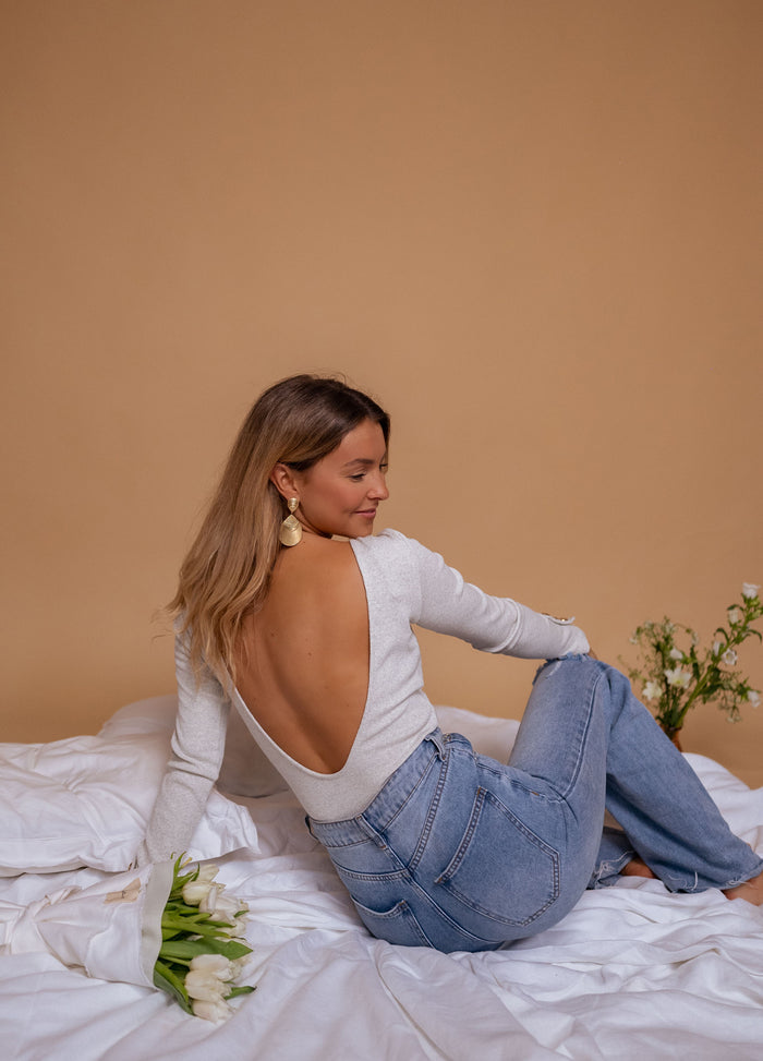 Grey Yael long-sleeve bodysuit, front view
