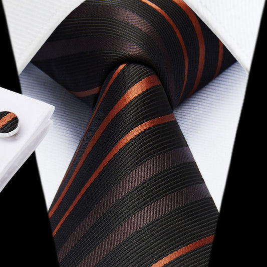 Stripe Tie Handkerchief Cufflinks - BLACK ORANGE