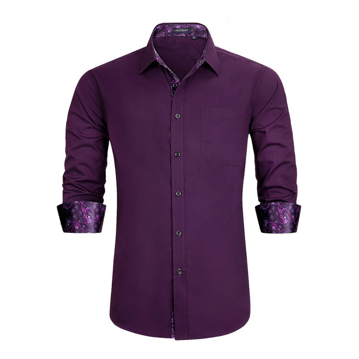 Men's Patchwork Dress Shirt with Pocket - DARK PURPLE/PAISLEY