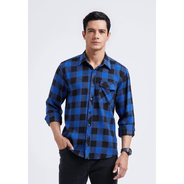 Hisdern Men's Long Sleeve Plaid Shirt Blue Casual Button-Up
