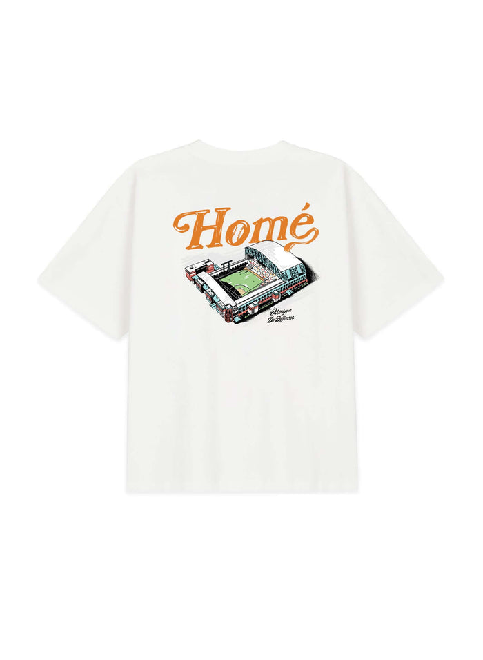 Home collaboration t-shirt featuring a playful 'Home' graphic with a vibrant illustration on a white fabric