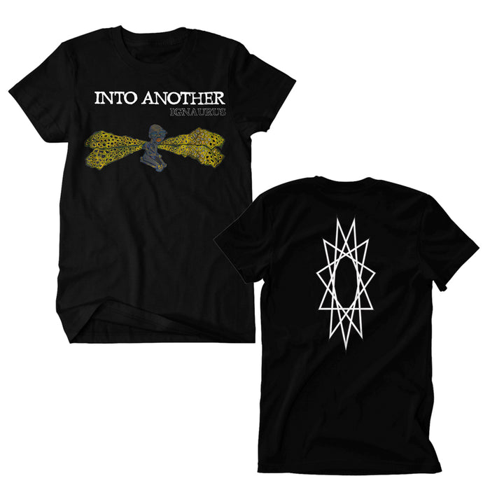 Into Another black t-shirt featuring INTO ANOTHER and IGNATURE text on front, yellow patterned wings, a wrapped figure, and a large white geometric starburst design on the back.