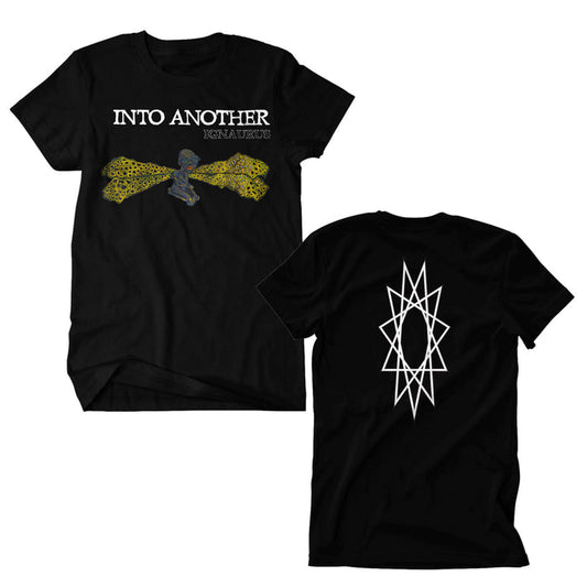 Into Another black t-shirt featuring INTO ANOTHER and IGNATURE text on front, yellow patterned wings, a wrapped figure, and a large white geometric starburst design on the back.