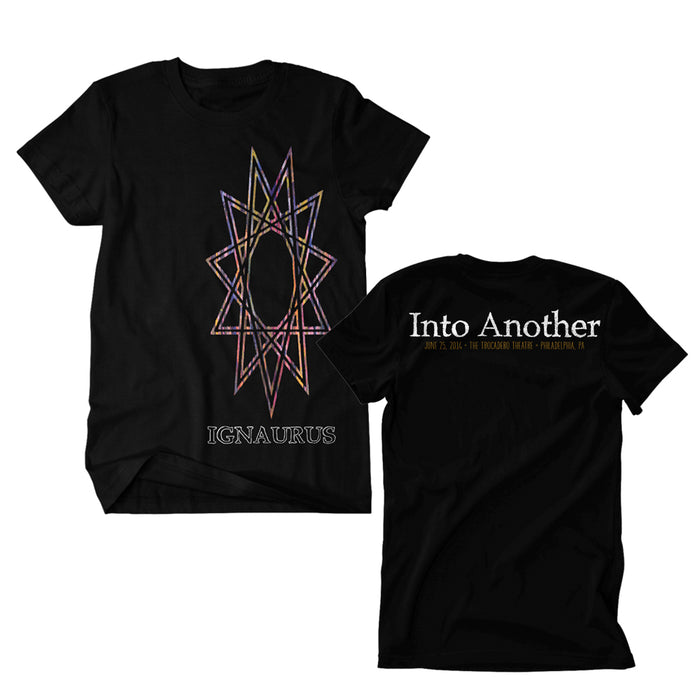 Black Into Another t-shirt with a colorful geometric star and IGNAURUS on the front. Back features Into Another and details for the June 25, 2022 show at Underground Arts in Philadelphia, PA.