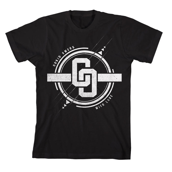 A black Craig Owens T-shirt with a bold white geometric design—overlapping G and D letters, circles, diagonal lines—and GRIND OTHERS WITH LOVE text around the graphic.