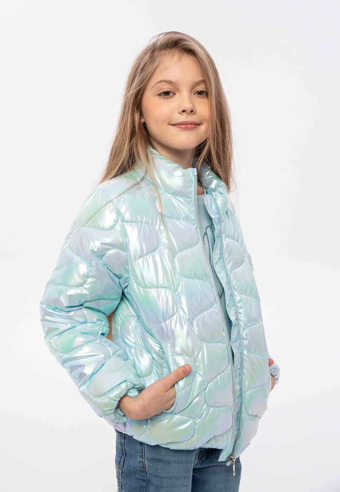 Quilted Puffer Jacket, Iridescent Blue, Funnel Neck - 1