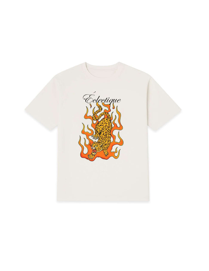 Flaming Jaguar graphic T-shirt front view on white background