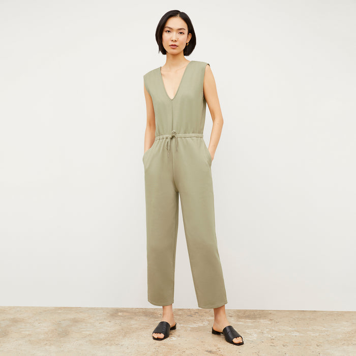 Front image of a woman wearing the Janet Jumpsuit - Light French Terry in Laurel Green | Lead