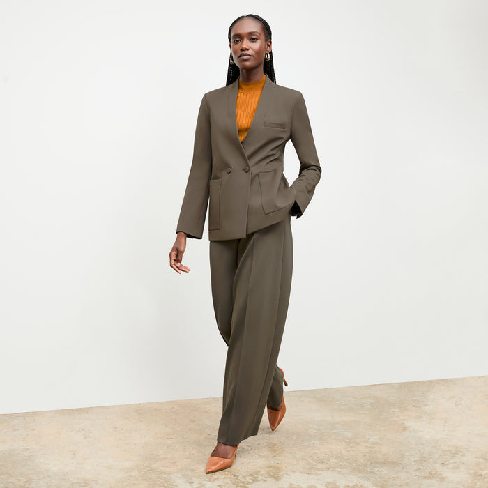 front image of a woman wearing the janette jacket in ash
