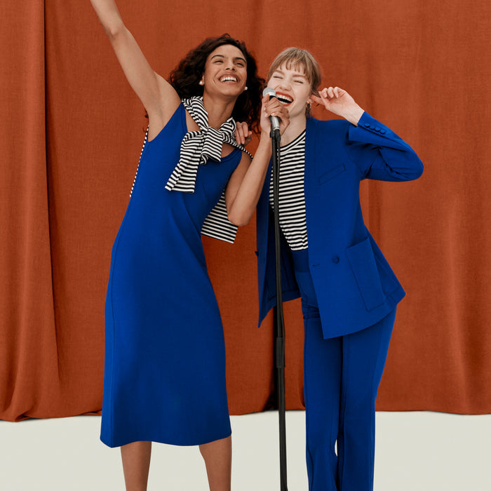 front image of a woman wearing the janette jacket in electric blue