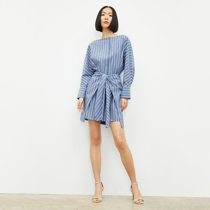 front image of a woman wearing the janie dress in poplin stripe | Lead