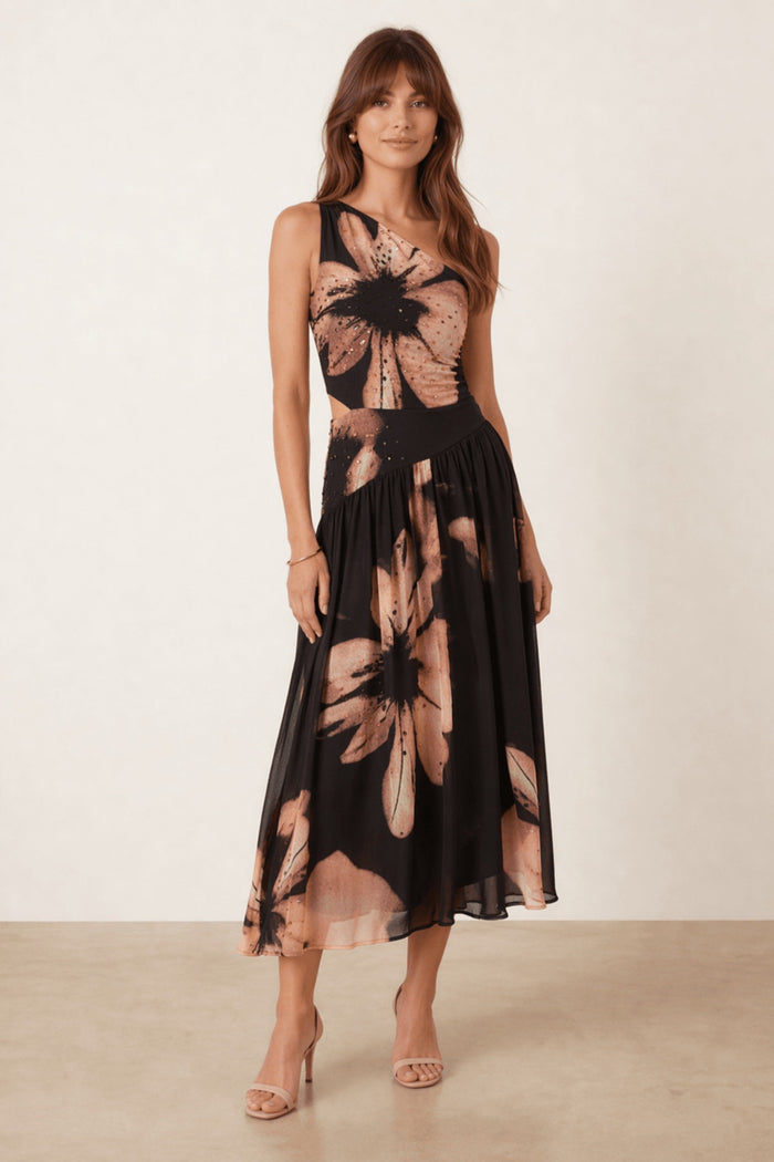 Jasmine Embellished Cut Out One Shoulder Dress in black and brown - Style Cheat