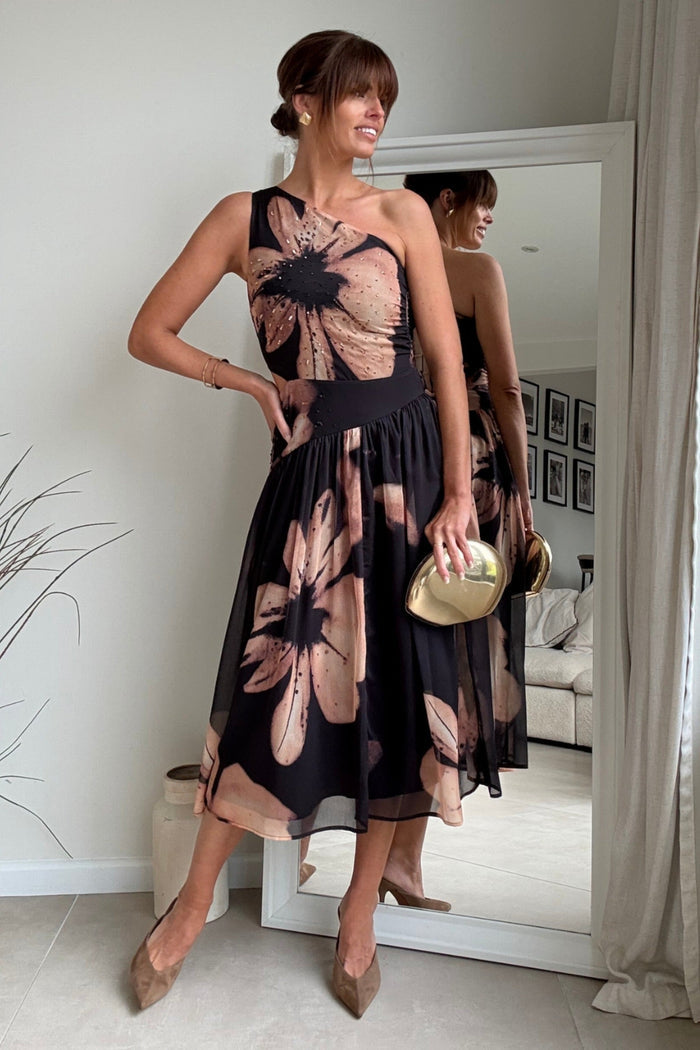 Jasmine Embellished Cut Out One Shoulder Dress in black and brown - Style Cheat