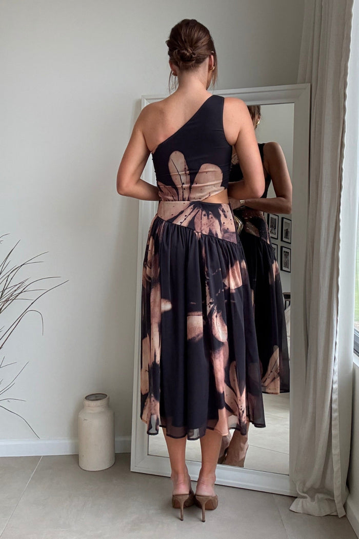 Jasmine Embellished Cut Out One Shoulder Dress in black and brown - Style Cheat