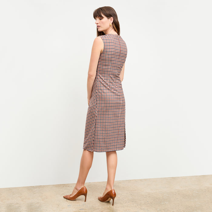 back image of a woman wearing the jeannine dress in windowpane sharkskin