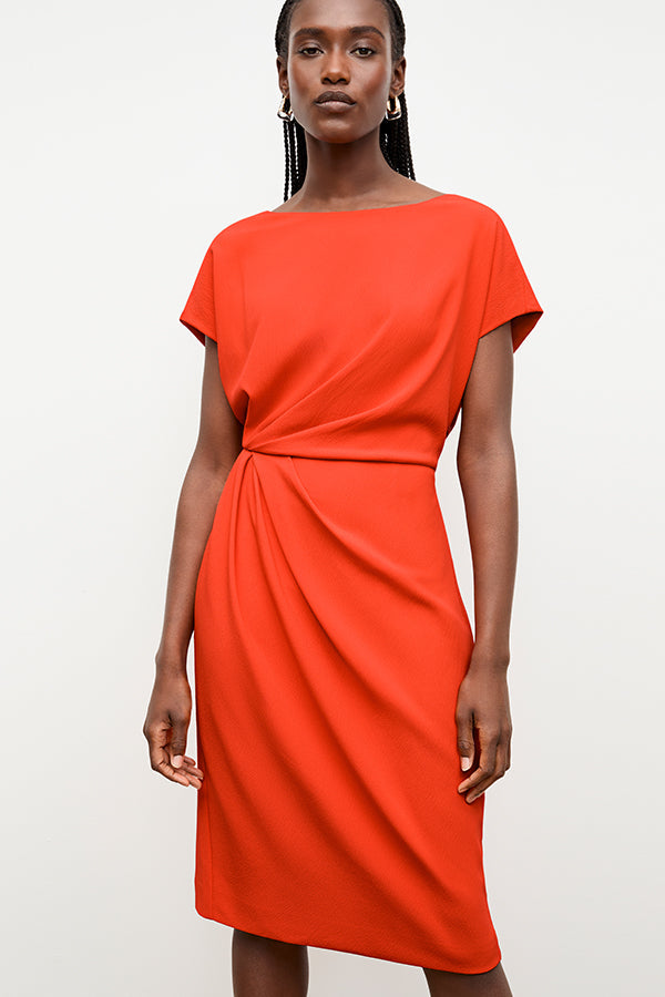 front image of a woman wearing the jillian dress in bright coral | Exclude | Grid