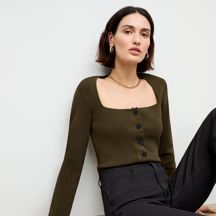 front image of a woman wearing the jin jardigan in dark elm | Lead
