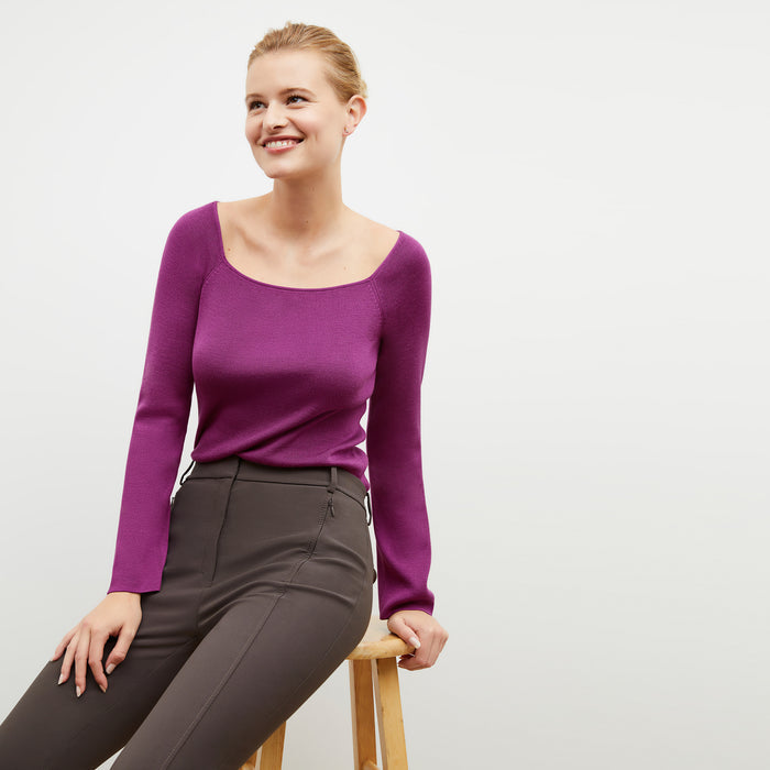 Front image of a woman wearing the Joya Top in Purple Jasper | Lead