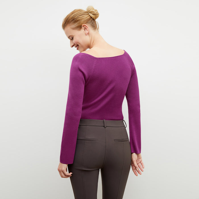 Back image of a woman wearing the Joya Top in Purple Jasper