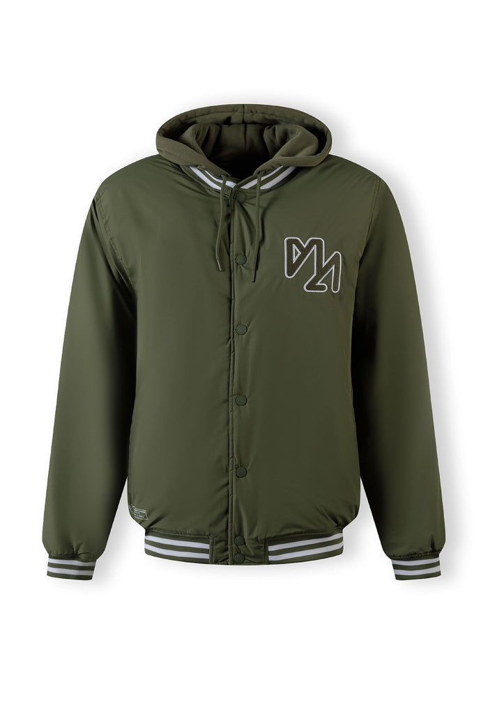 Men's khaki baseball style jacket with detachable hood, ribbed cuffs, and embroidered logo.