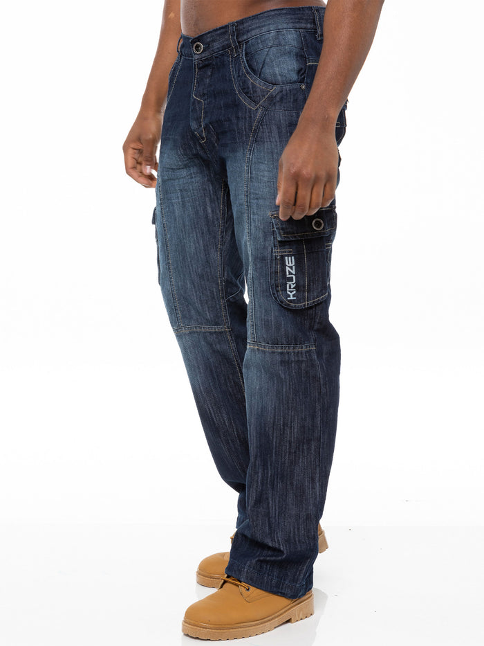KZ103 Kruze | Mens Coated Combat Cargo Denim Coated Jeans KRUZE RAWDENIM