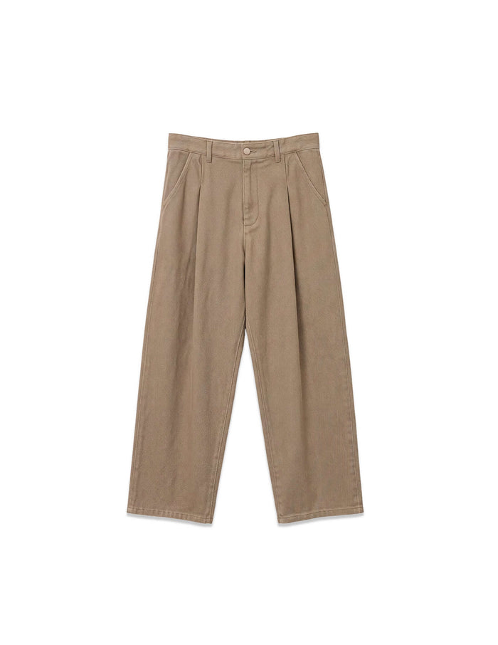Kura Field Pleated Trousers in a relaxed wide-leg shape, featuring sharp front pleats and unique angled pockets.