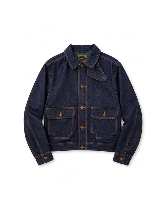 Kura Indigo Jacket featuring a cropped design with indigo wash, brass buttons, and distinct throat latch detail.