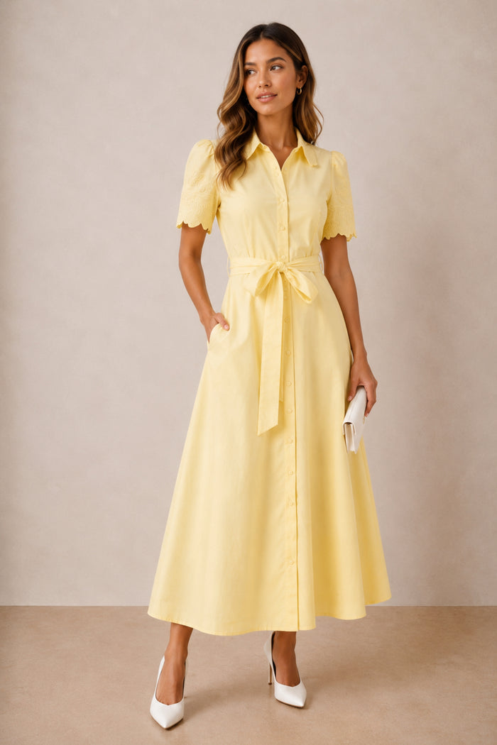 Laser Cut Shirt Dress in yellow