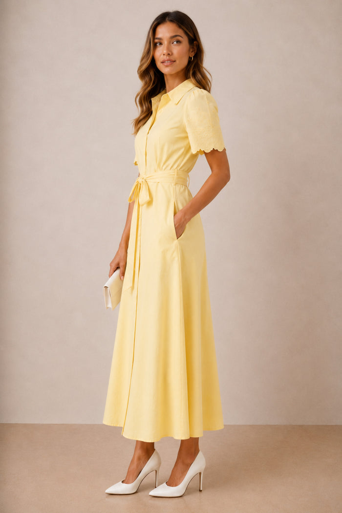 Laser Cut Shirt Dress in yellow