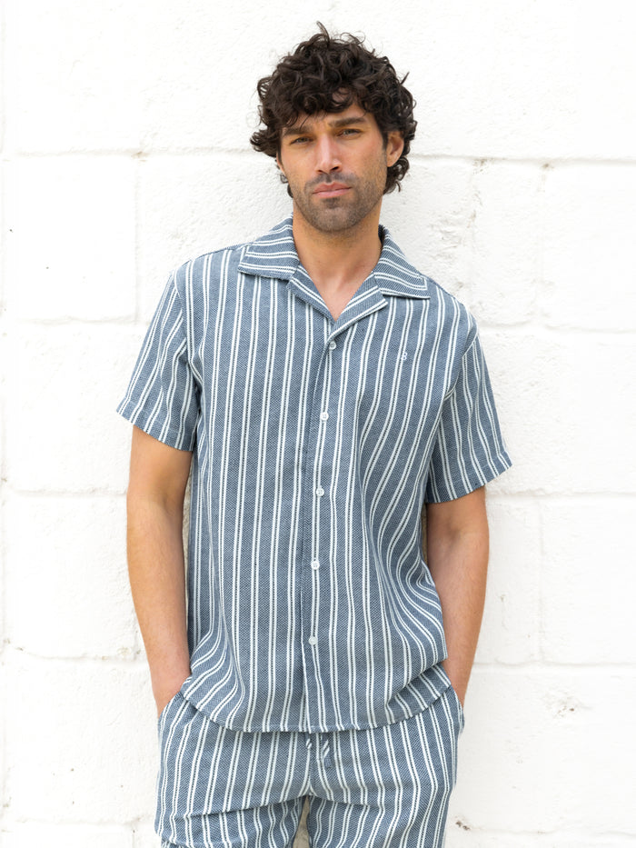 Leon Short Sleeve Relaxed Stripe Shirt - Navy