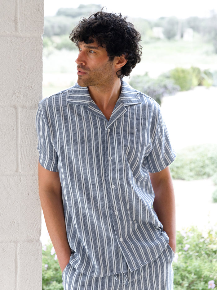 Leon Short Sleeve Relaxed Stripe Shirt - Navy