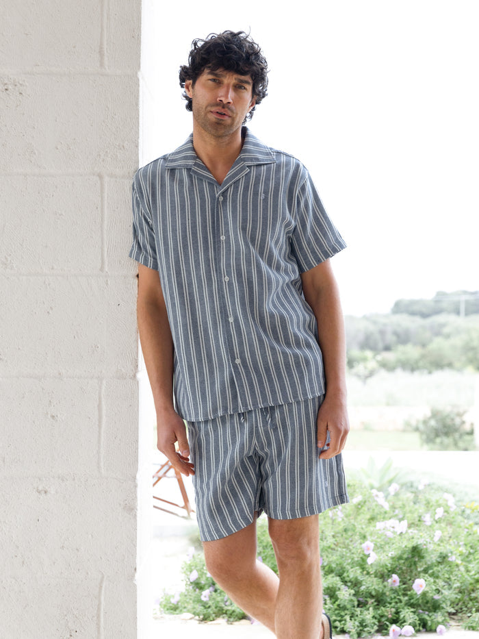 Leon Short Sleeve Relaxed Stripe Shirt - Navy