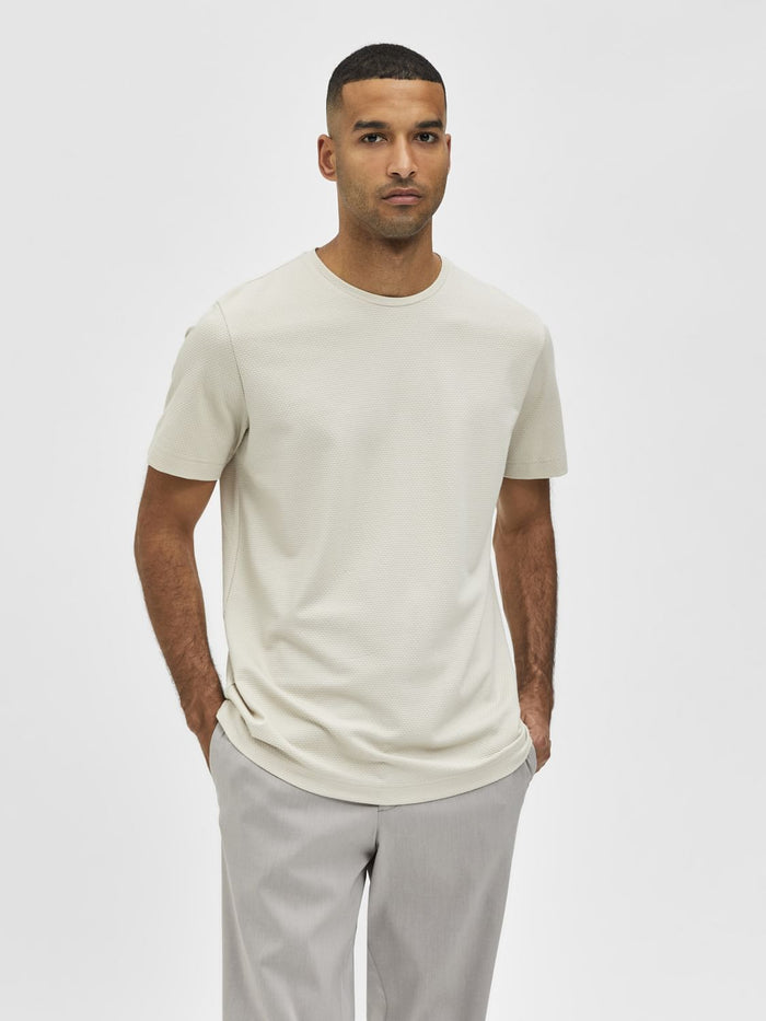 Light Beige Self-Design Crew Neck T-Shirt