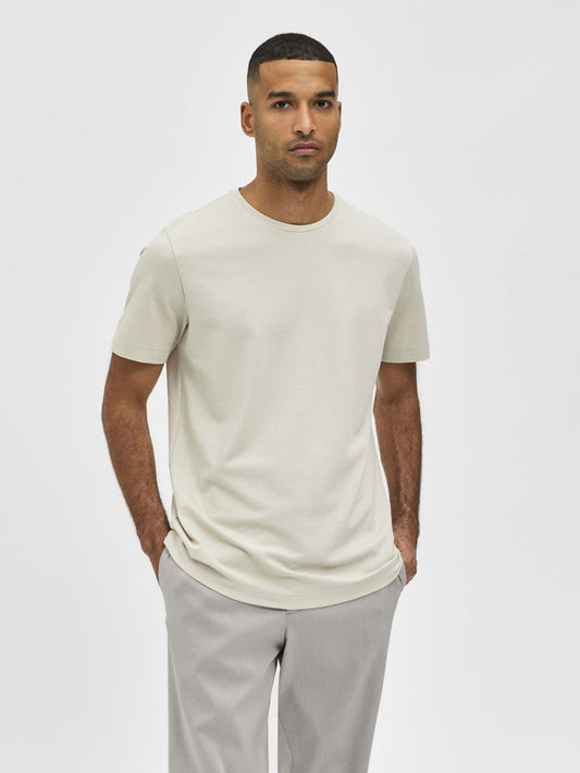 Light Beige Self-Design Crew Neck T-Shirt