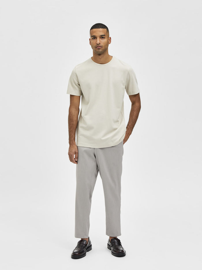 Light Beige Self-Design Crew Neck T-Shirt