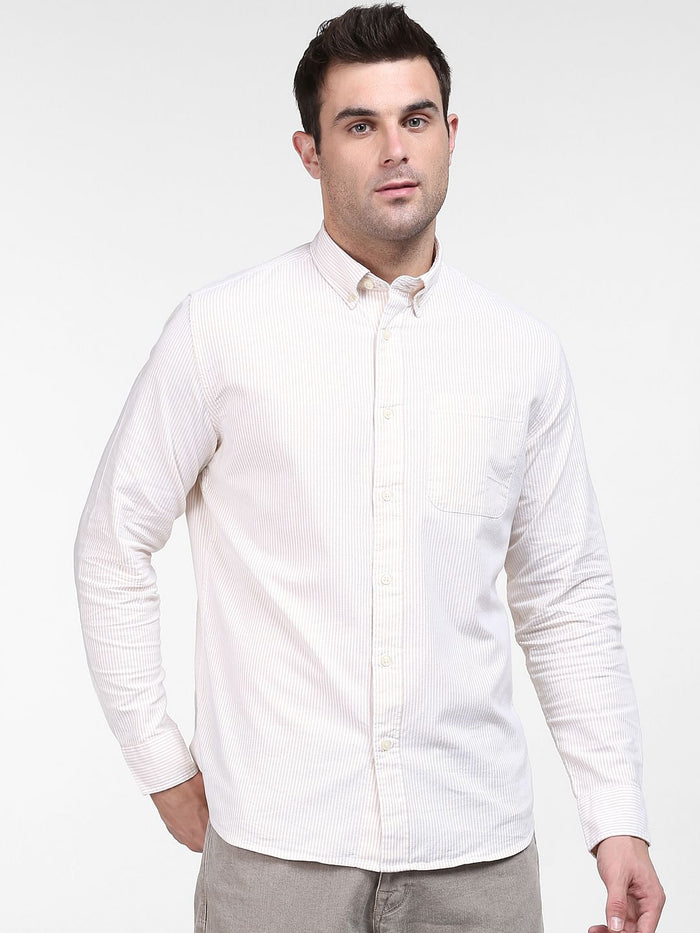 Light Beige Striped Full Sleeves Shirt