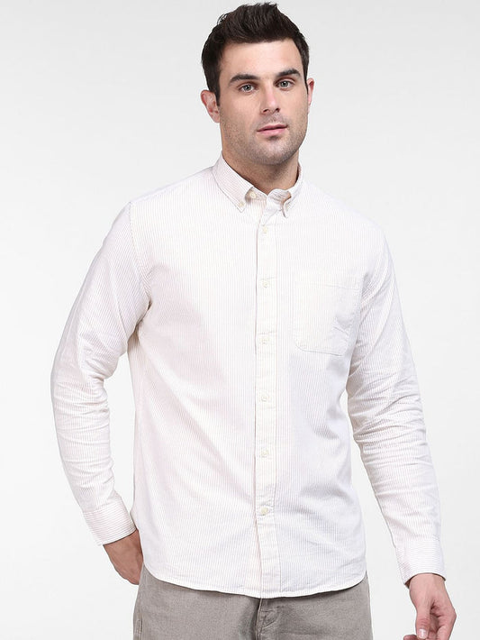 Light Beige Striped Full Sleeves Shirt