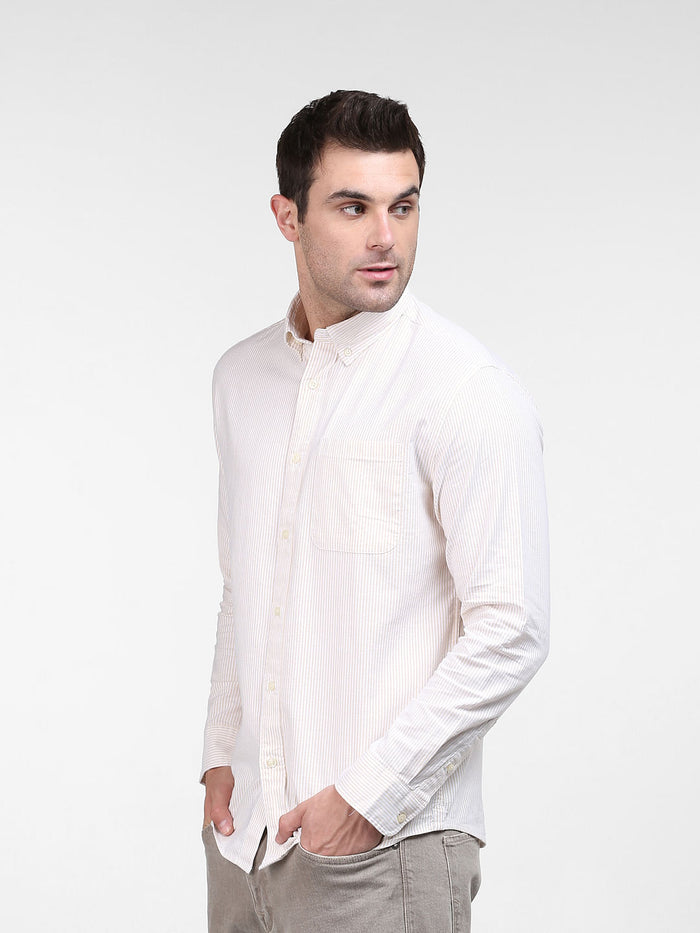 Light Beige Striped Full Sleeves Shirt