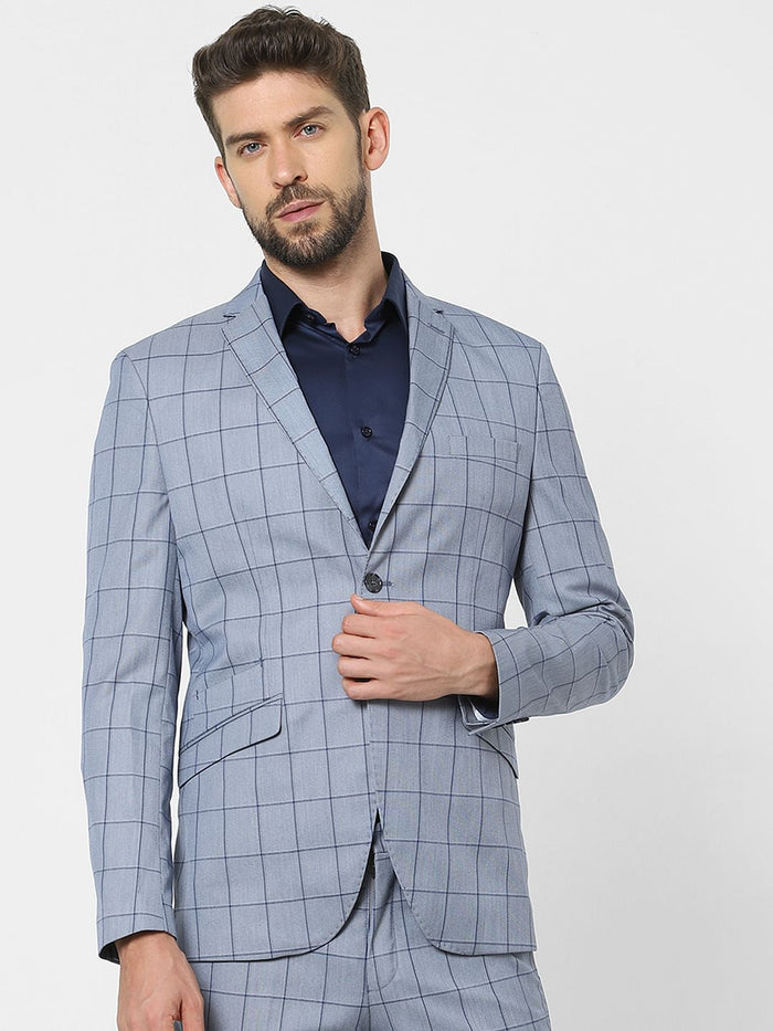 Light Blue Check Slim Fit Suit Blazer