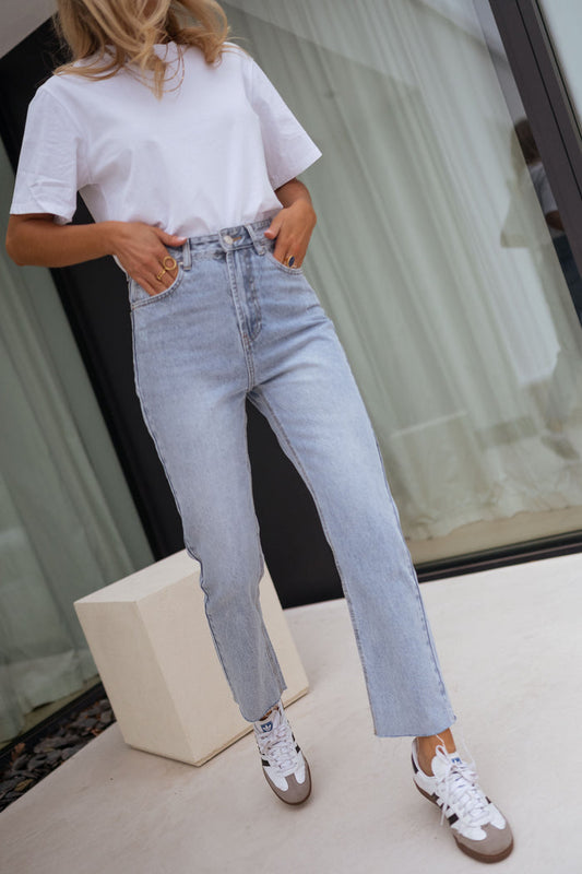 Light blue Hunter high-rise straight-leg jeans, front view