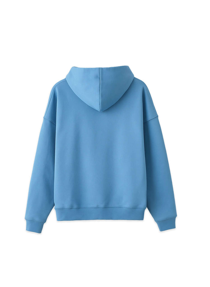 Back view of a lightweight terry hoodie in cotton jersey, featuring a relaxed fit and smooth blue fabric.