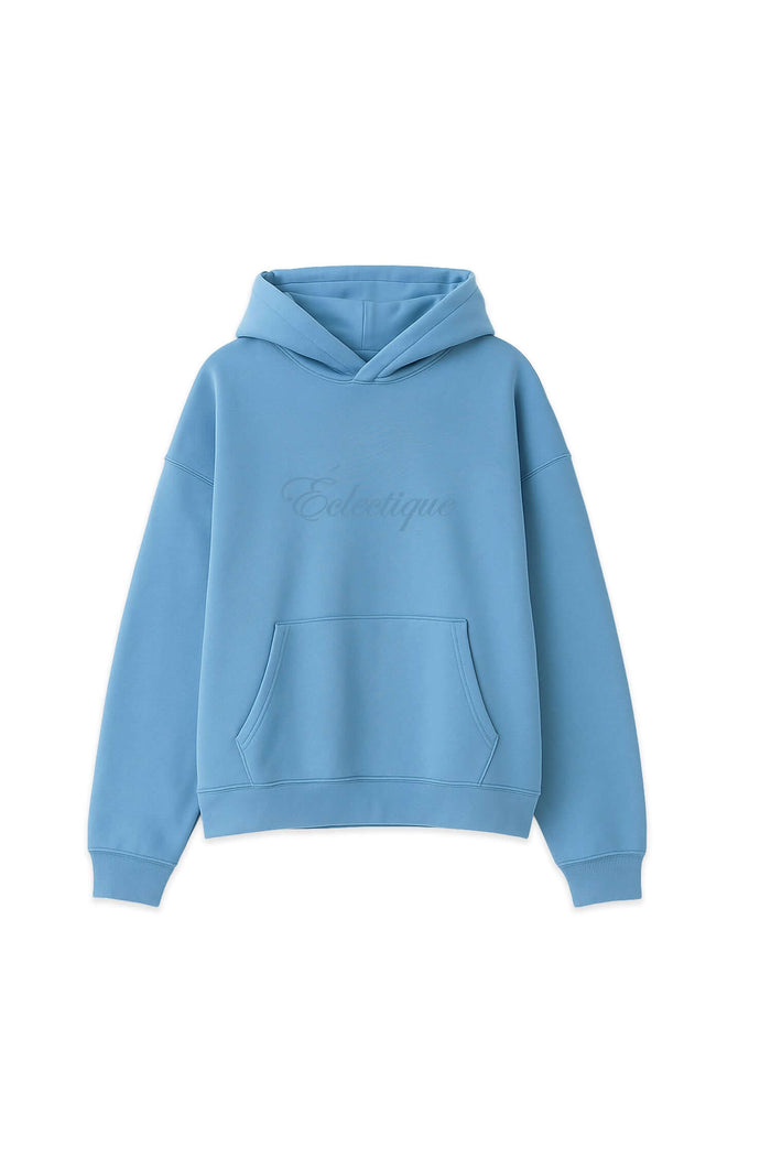 Lightweight terry hoodie with Script Logo in soft blue color, featuring embroidered Éclectique logo and relaxed fit.