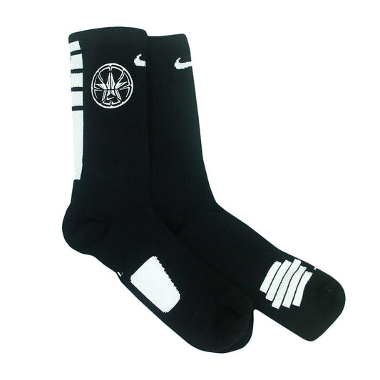 A pair of black City Rocks crew socks with white stripes, a white rectangular heel patch, and a white circular star emblem near the top. Available in multiple sizes for both men and women.